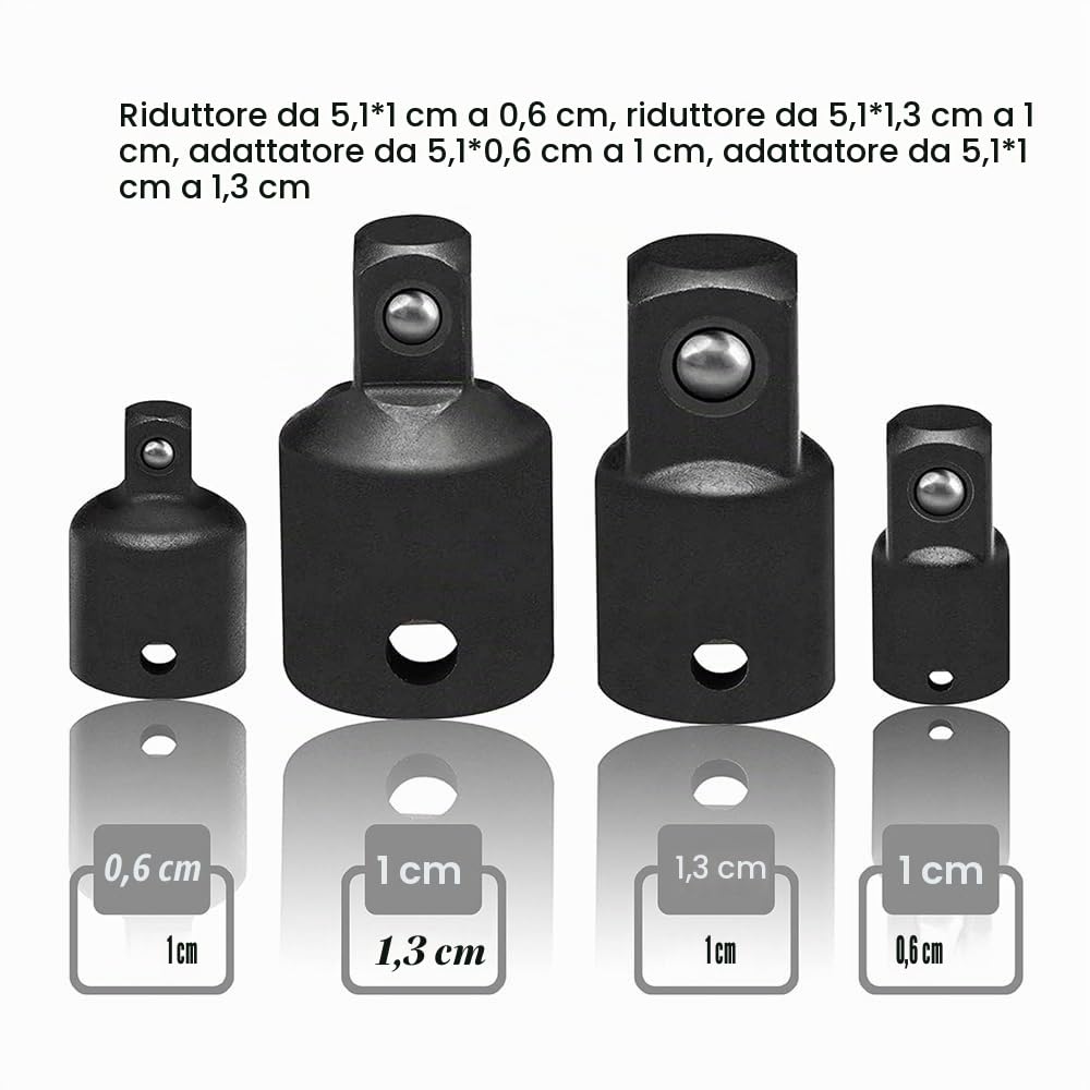 Kit adattatore per riduttore a cricchetto quadrato, 4 pezzi, 1/2 a 3/8, 3/8 a 1/4 (nero)