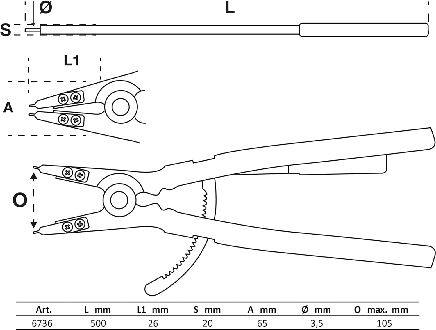 BGS 6736 | Snap Ring Pliers | Straight | for External Snap Rings | 500 mm | Seegering Pliers | Non-Slip