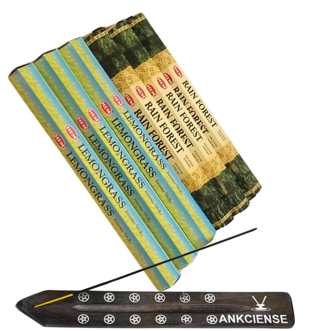 Lemongrass & Rain Forest from Hem Bundled with ANKCIENSE Incense Holder Bundle, Variety Pack of 120 Sticks.