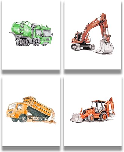 Arte de pared de vehículos de construcción para dormitorio de niño, juego de 4 decoración moderna de habitación de bebé para niños, arte de pared