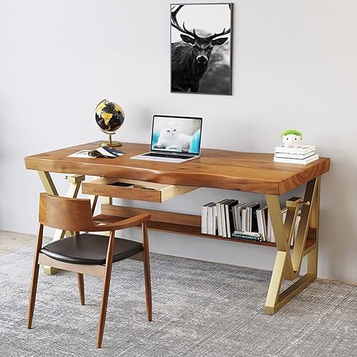 Miniatura 4 de Escritorio moderno de madera maciza simple para computadora soporte de metal dorado tablero de mesa de pino de 20in escritorio de juego de