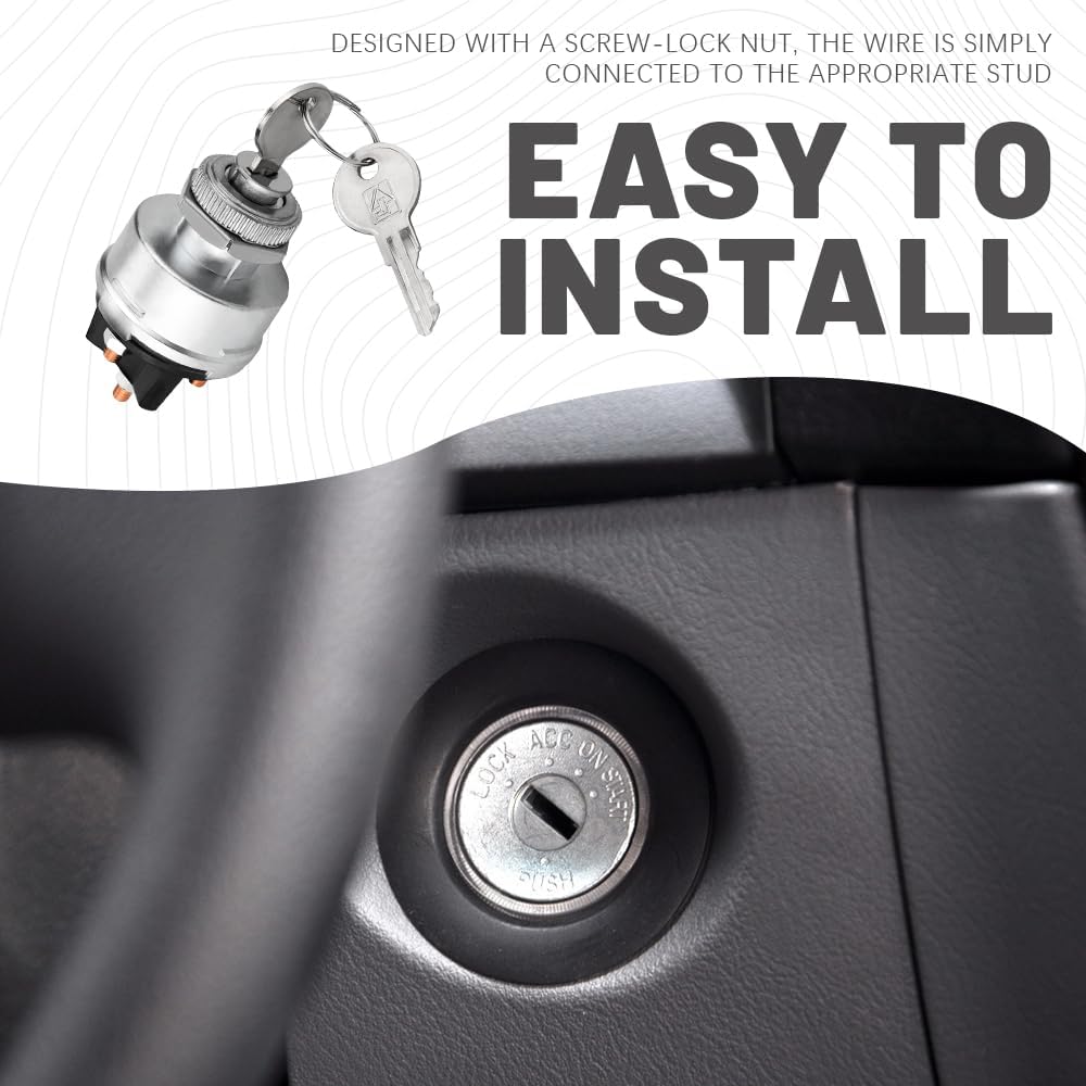 Ignition Switch with Key, Key Switch, 4 Position Universal Key Ignition Switch 12V, Universal Car Accessories Ignition Lock Cylinder Fit for Car, Forklift, Truck, Trailer, Acc/Off/IGN/Start