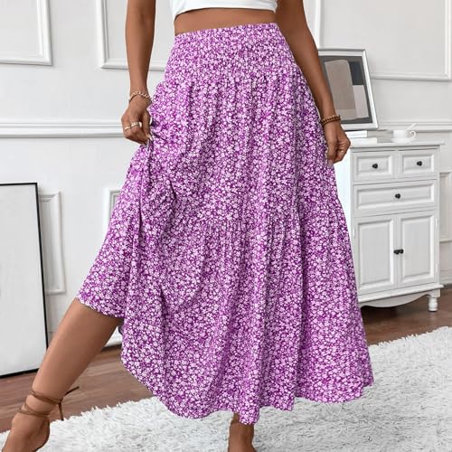 Floral Maxi Skirts for Women Trendy Summer Casual Boho Long Flowy Skirt Smocked Elastic High Waisted A Line Skirt2