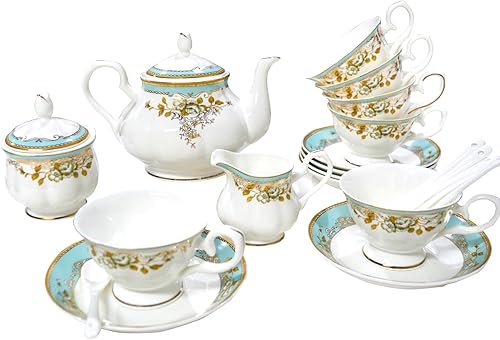 Miniatura 1 de LE POTOCIO Juego de té de porcelana de hueso, juego de té de porcelana de 21 piezas para adultos, tazas de té y platillos para 6, con tetera,
