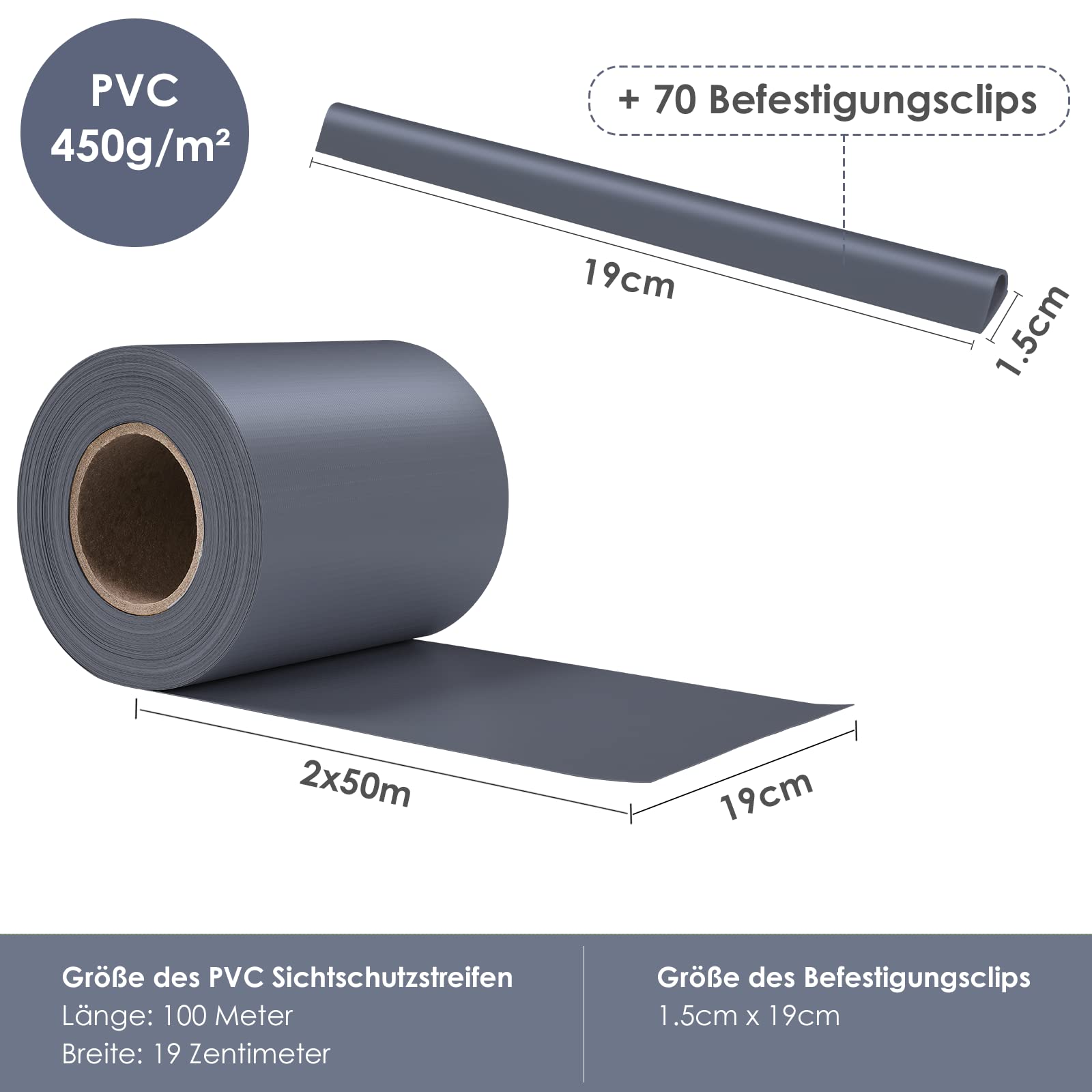 TLSUNNY Listwy ogrodzeniowe z PCW do mat z podwójnym prętem, 100 x 19 cm, z 70 klipsami mocującymi, do ogrodzenia, matowe, ochrona przed wiatrem, anty-UV, 450 g/m², ciemnoszary