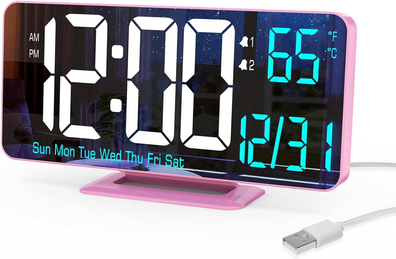 Pink Digital Clock for Bedroom 6 . 7 in Dual Alarm Clock with Dimming, 12 / 24 h, Seconds, Date photo Pink Digital Clock for Bedroom 6 . 7 in Dual Alarm Clock with Dimming, 12 / 24 h, Seconds, Date