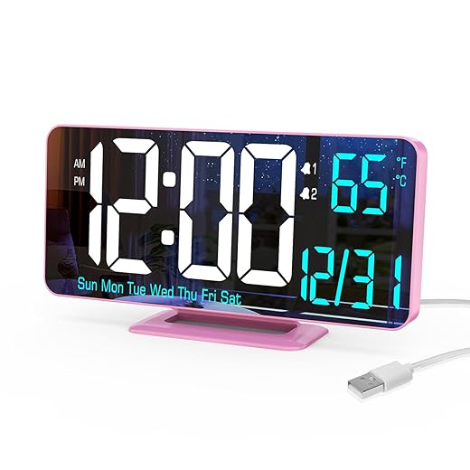 Pink Digital Clock for Bedroom 6 . 7 in Dual Alarm Clock with Dimming, 12 / 24 h, Seconds, Date photo Pink Digital Clock for Bedroom 6 . 7 in Dual Alarm Clock with Dimming, 12 / 24 h, Seconds, Date