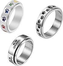 JewelryWe Fidget Angst Spinner Ring Damen: 3pcs Silber Edelstahl Anxiety Ringe Set mit Pfotenabdruck für Haustiere Welpe Kätzchen Zappel-Band Stressabbau Spinning Ringe für Frauen Größe 52 bis 67