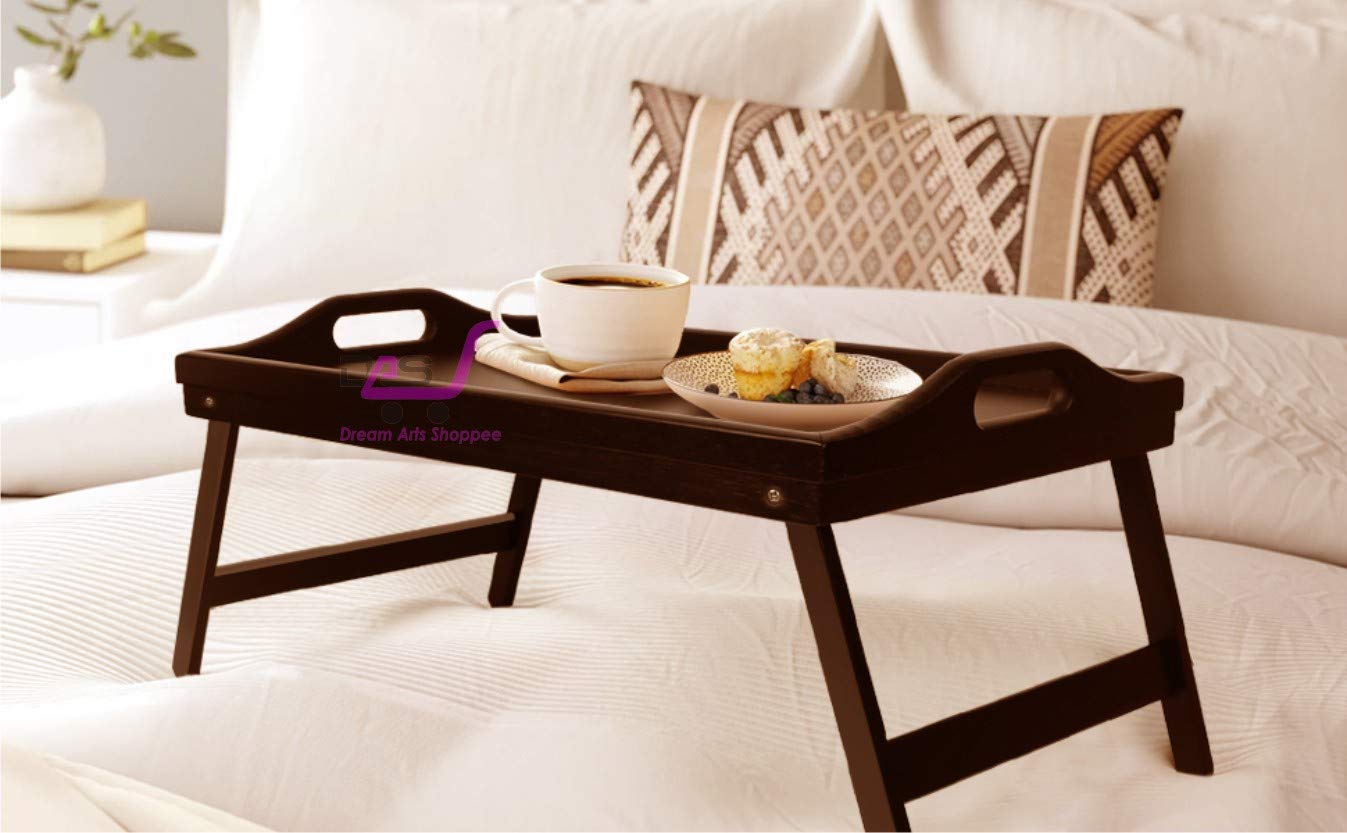 Dream Arts Shoppee Breakfast Bed Tray with Folding Legs & Handles, Wooden Portable Lap Desk, Serving Dinner Tea TV Tray (Brown)