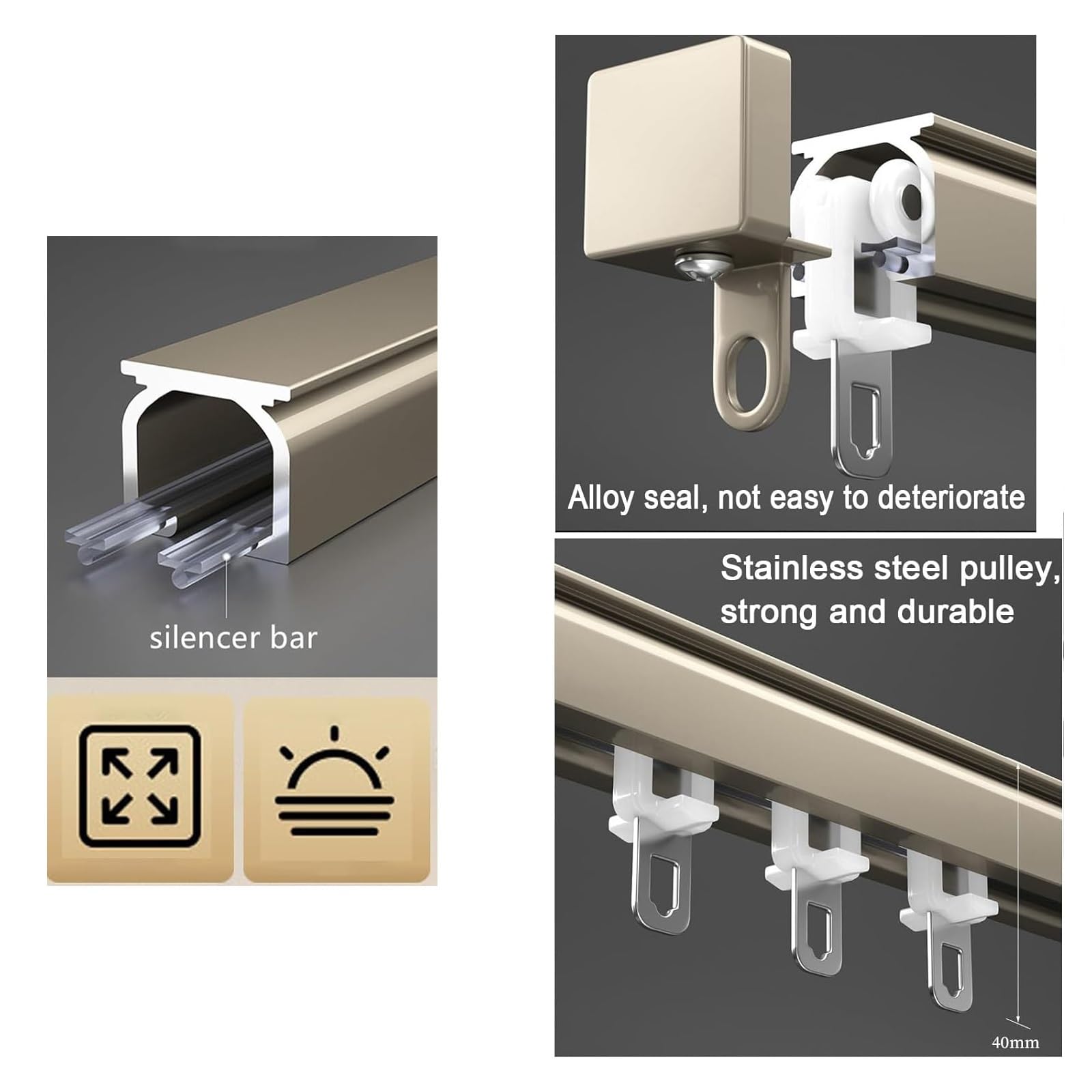 Czarny aluminiowy system prowadnic przesuwnych 380 cm z cichymi rolkami – idealny do dzielenia pomieszczeń, dekoracji okien i przegród ściennych dla płynnej, cichej pracy