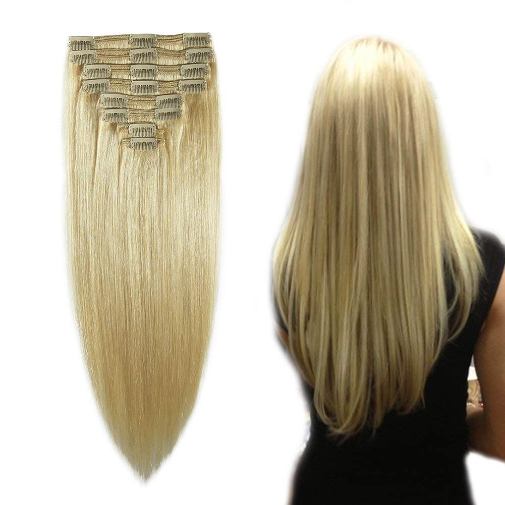 MY-LADY Bleach Blonde Double Weft 100% Remy Human Hair Clip in Extensions Grade 7A Quality Full Head Thick Thickened Long Soft Silky Straight 8pcs