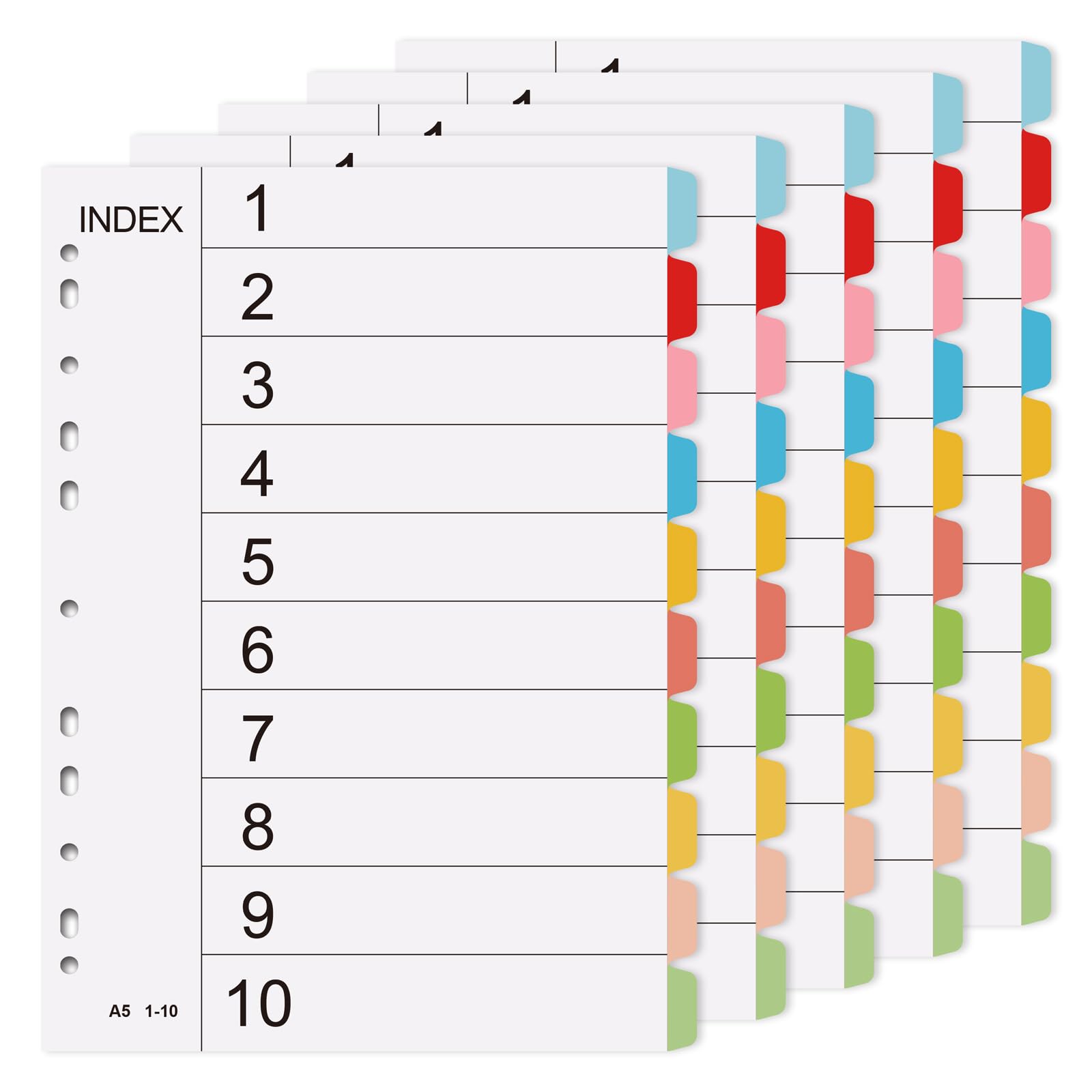 A4 File Dividers 5 Pack, 10 Part Coloured Tabs, Multi-Hole for Binders