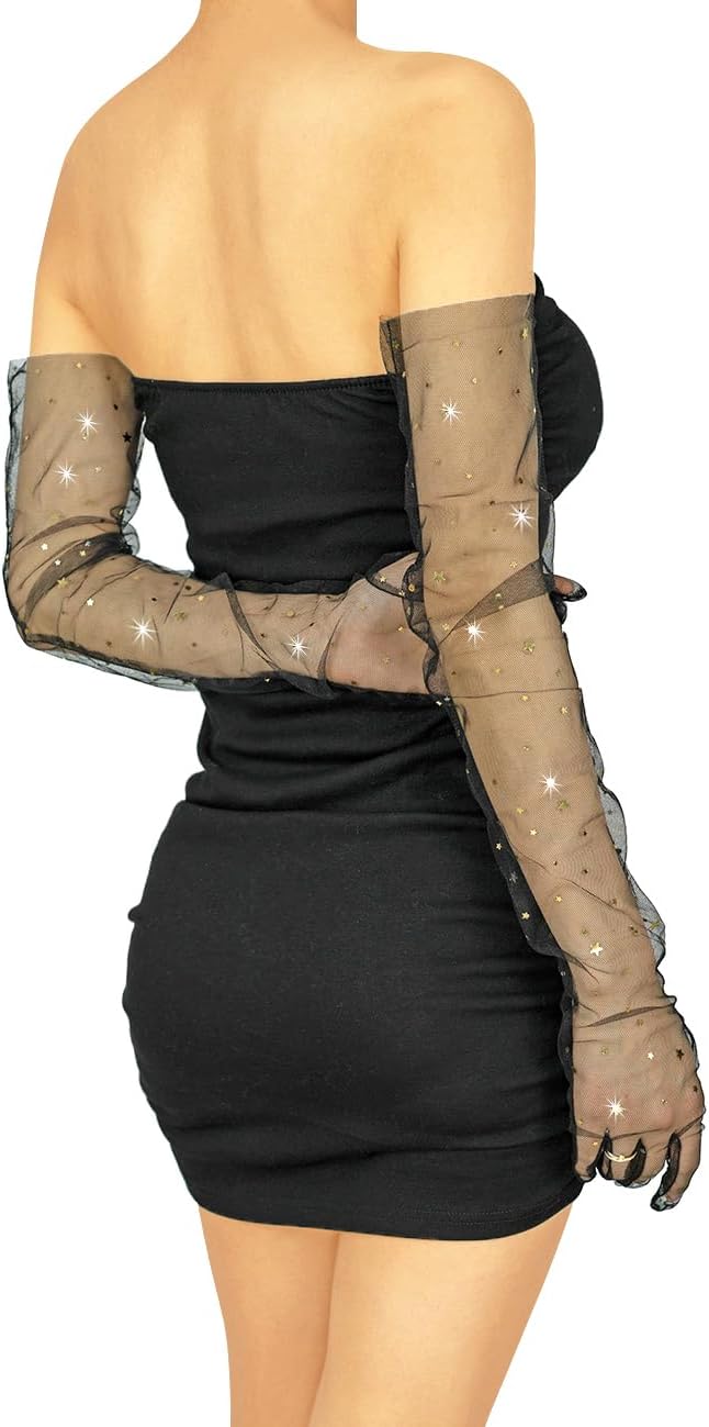 XXDingbs Women's Sparkly Sequins Tulle Sheer Gloves Long Opera Evening Gloves Mesh Sunscreen Glove - Image 6