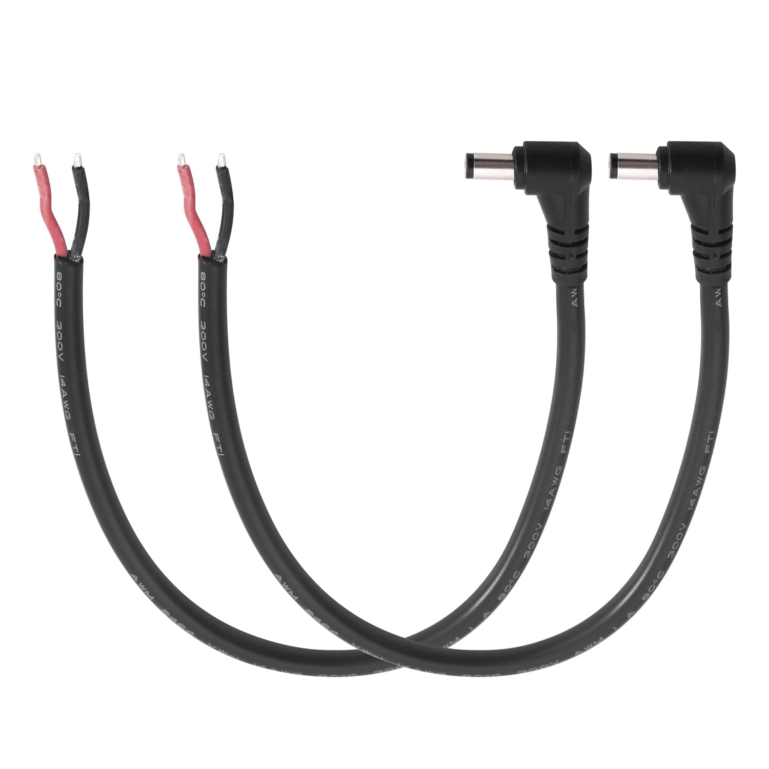 2PCS 3FT 14AWG 15A 12V Right Angle DC Power Pigtails Cable, 5.5mm x 2.1mm Male Barrel Jack Plug to Bare Wire Open End Repair Cable for CCTV Security Camera,DVR,LED Strip Light