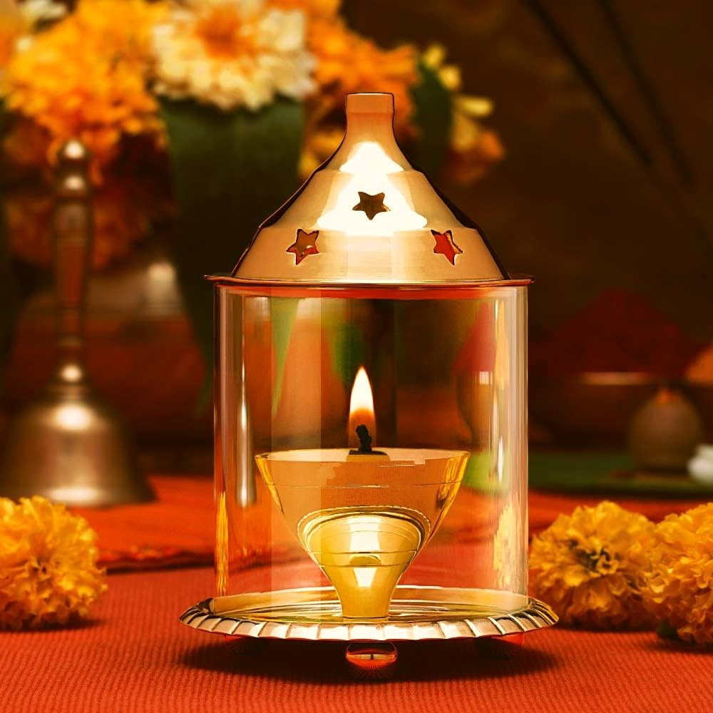 Ijya Brass Akhand Jyoti Diya with Borosilicate Glass Cover - 5 Inch Diwali Decor for Pooja, Home Decoration & Gifts, Batti Lamp with Wick Holder & Gold Lid for Jyoti Lighting in Bedroom & Mandir (B0D9LMZ3WN) Amazon Price History, Amazon Price Tracker