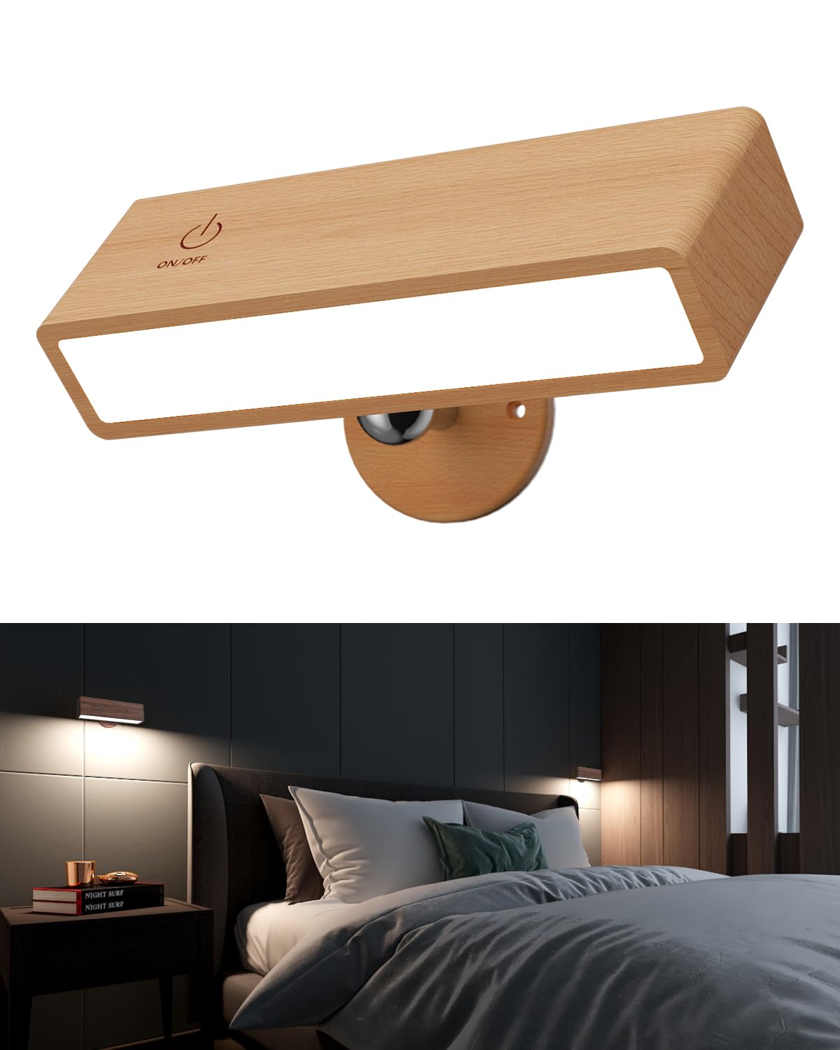 YiLaie Battery Operated Wall Sconce,Wood Wireless Wall Lights for Bedroom,Cordless Rechargeable Wall Light,Bedside Battery Wall Mount Reading Lamp Dimmable,Magnetic Stick on Wall Lights for Bedroom