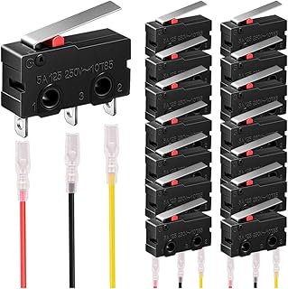 MKBKLLJY 15Pcs Mini Micro Limit Switch 5A 125 250V AC SPDT 1NO 1NC Momentary 16mm/0.63inch Very Long Straight Hinge Lever Arm Switch Snap Action Button Type 3 Pins SPDT with 45Pcs Terminal Wires