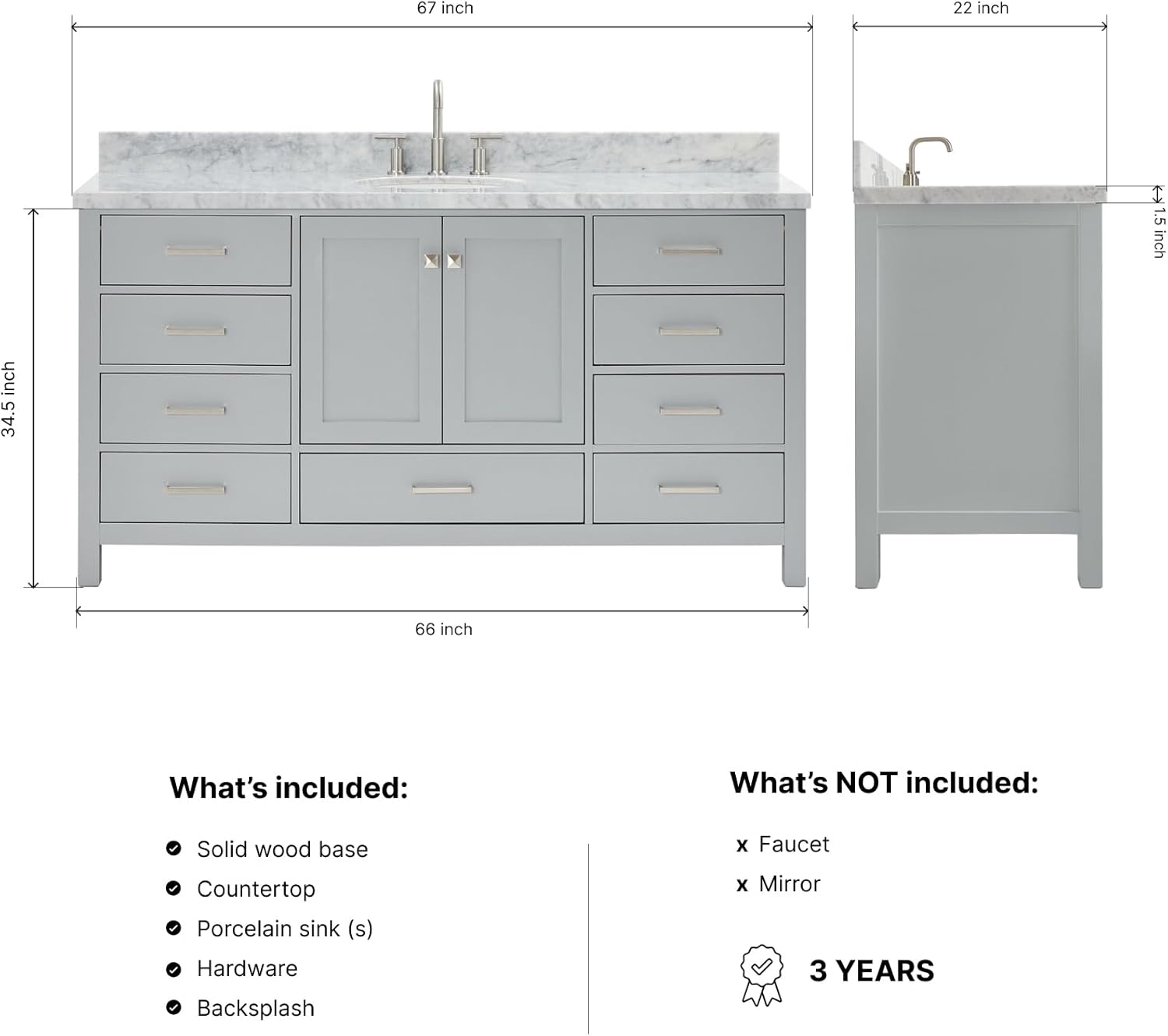 DKB Beckford 67-Inch Grey Single Bathroom Vanity, 1.5-Inch Edge Italian Carrara Marble Countertop & Backsplash, Oval Sink, 2 Soft Closing Doors, 9 Full Extension Dovetail Drawers, Brushed Nickel