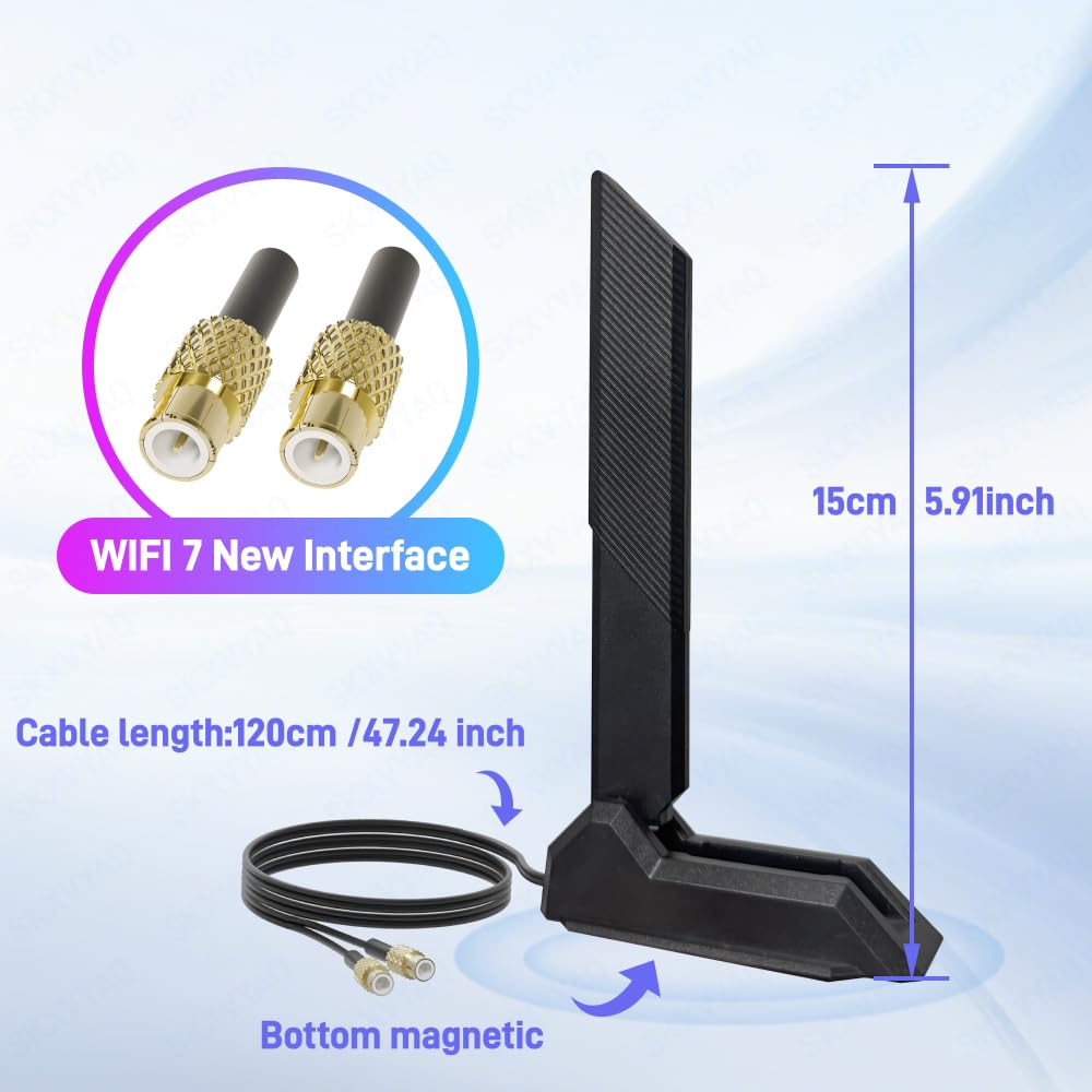 Antenne WiFi 7 6e pour PC de bureau Antenne réseau sans fil Tri-bande 6 GHz 5 GHz 2,4 GHz avec nouvelle interface câble d'extension Wi-Fi 7 Base magnétique à gain élevé Antenne pour carte mère MSI PRO