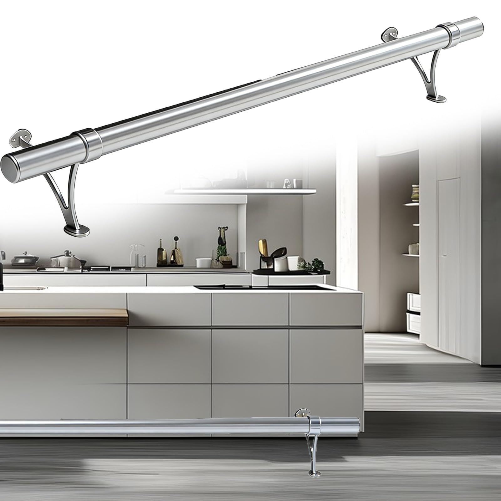 Repose-pied de bar en acier inoxydable de 67cm avec supports de fixation sous comptoir d'îlot