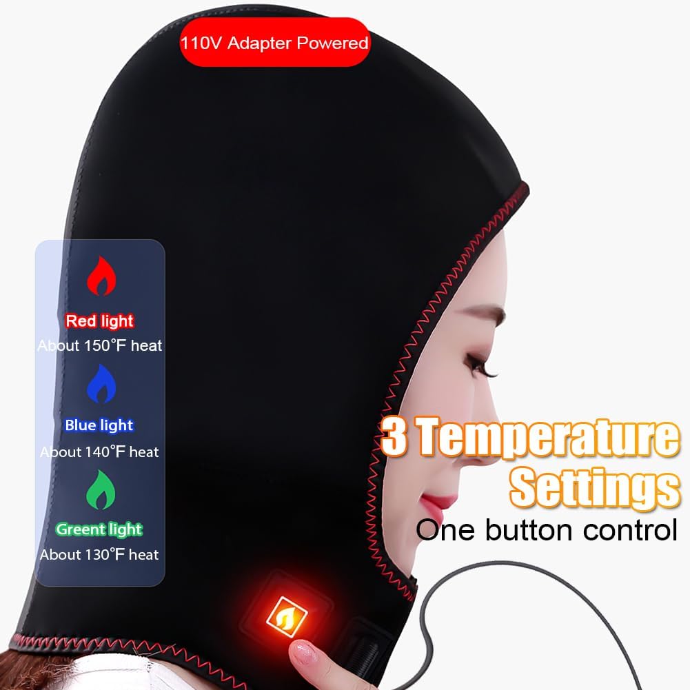 Heated Head Wrap for Headache and Neck Pain, Eletric Heated Hood Hat Migraine Relief Heating Pad for Head, Relieve Tension, 3 Temperature Settings/Adjustable Size