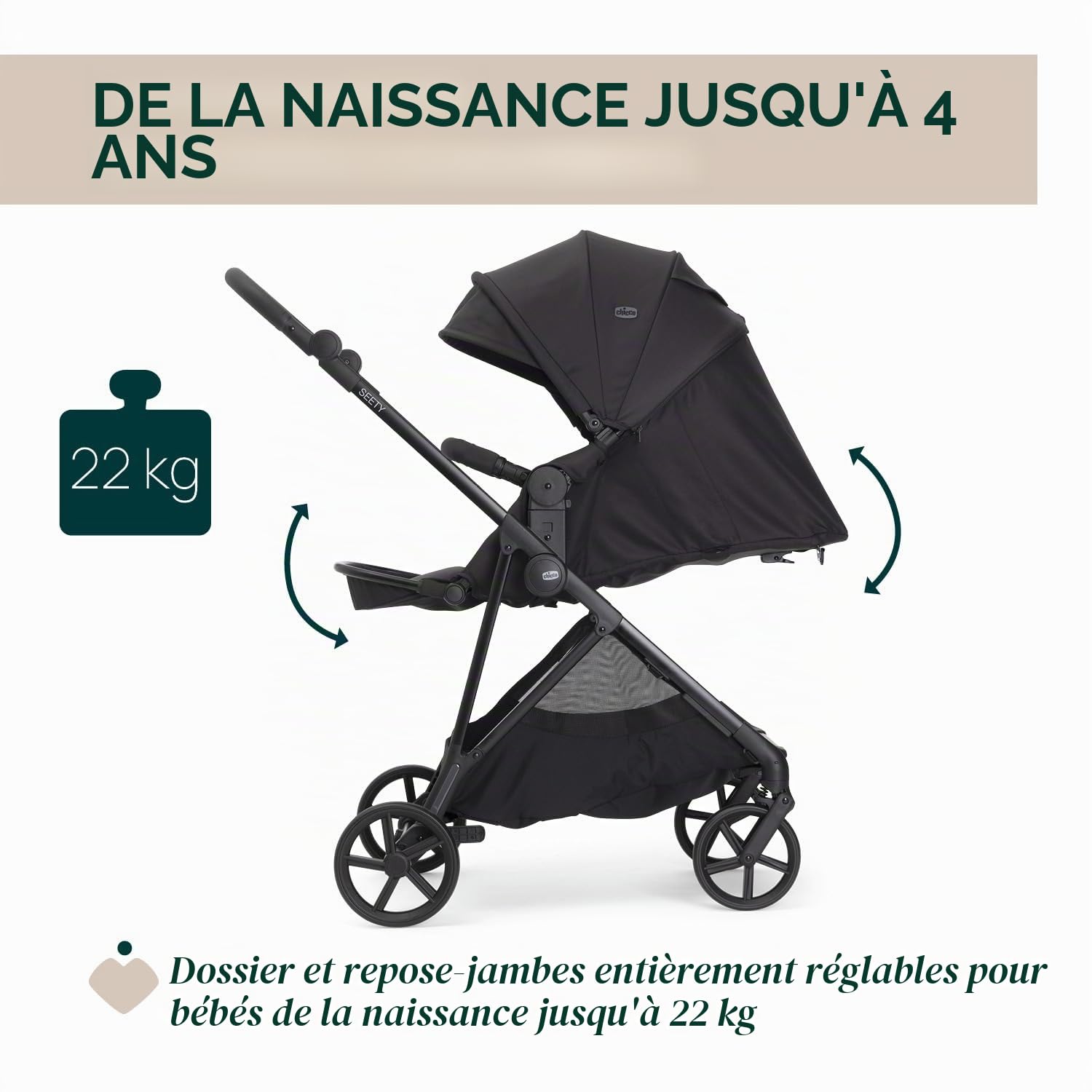Chicco Poussette Seety, Poussette Légère et Compacte de 0 Mois à 4 Ans, Charge Max 22kg, Poussette Pliable, Dossier Inclinable, Fermeture Automatique en 1 Geste, Canopy Pare-soleil et Habillage Pluie