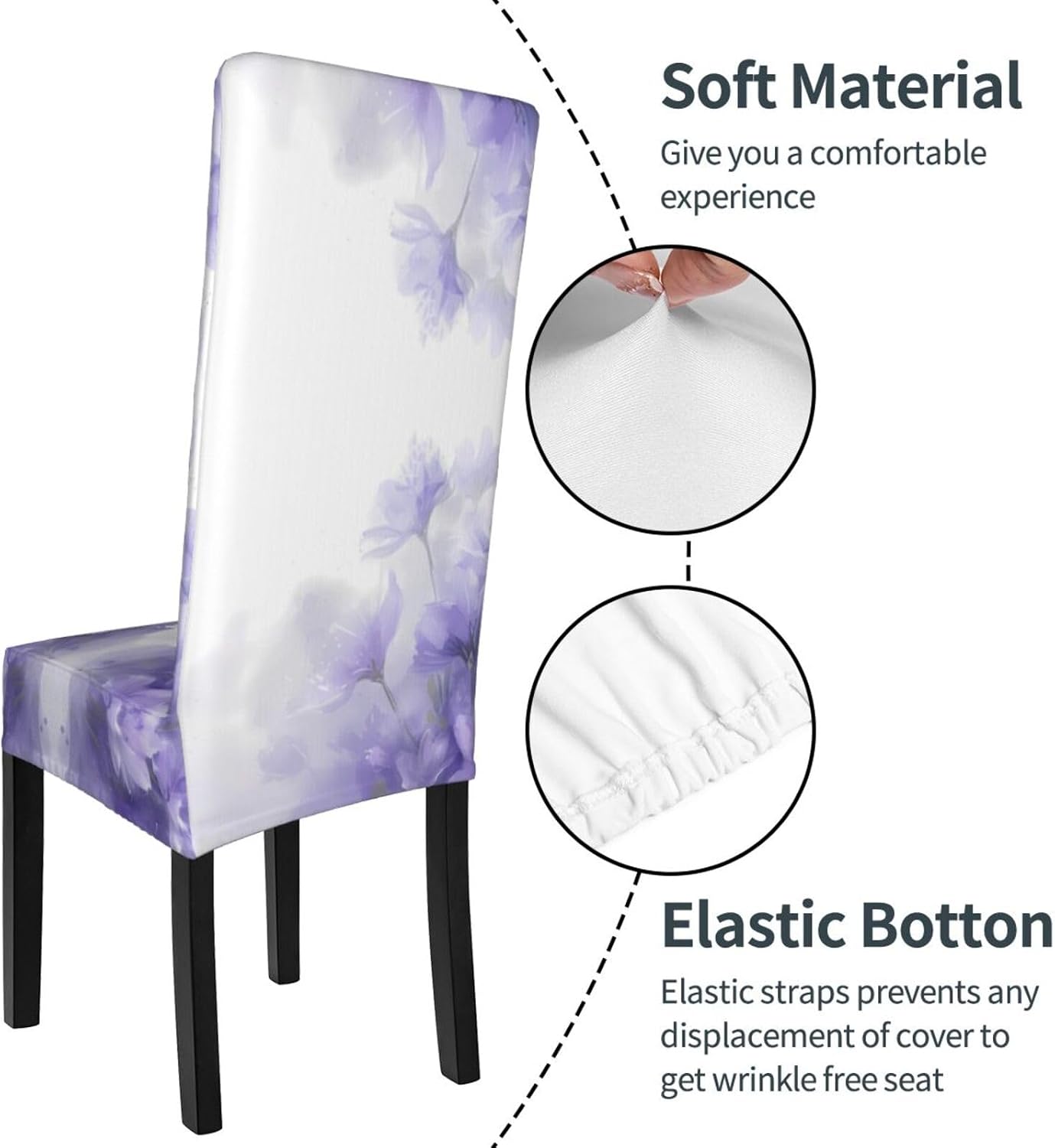 White Purple Flower Prints Protection Cover for Dining Chair - Stretchable Chair Throw Covers for Dining Room, Hotel Event Party
