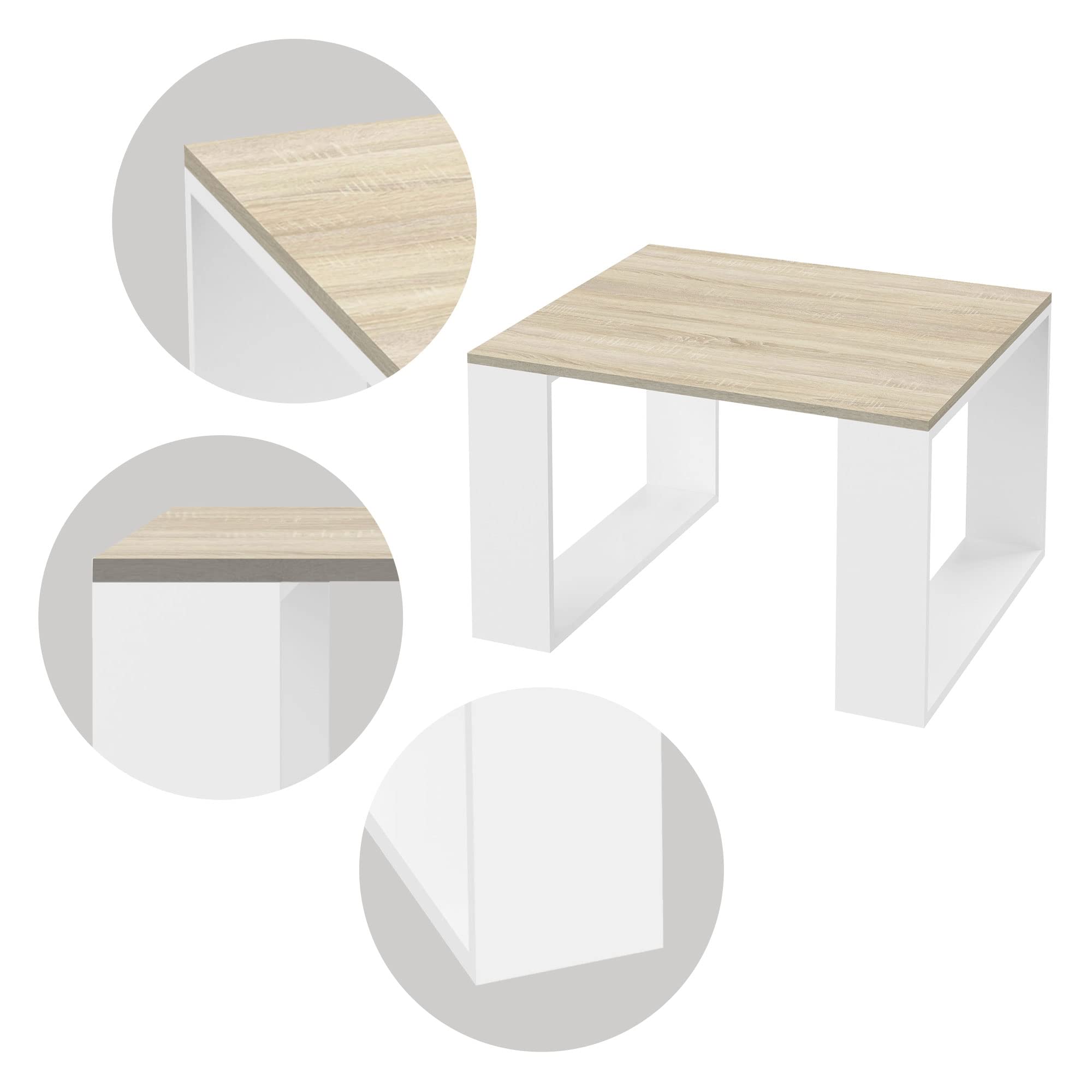 ML-Design Mesa de Centro 65 x 65 x 40 cm Tablero de Madera de Roble Patas Metálicas Blancas Mesita Cuadrada Auxiliar para Salón y Oficina Mesilla Estilo Moderno Velador de Sofá para Té y Café Cómoda