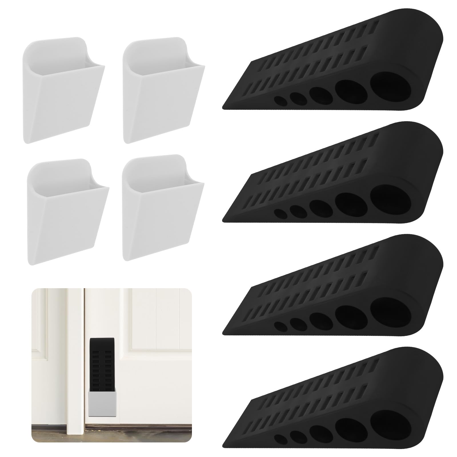 4Pcs Door Stopper, Non Slip Door Wedge, Heavy Duty Door Stop Wedge for Bottom of Door On Floor, Sloping Door Wedge for Home Office Garage with Sticky Hangers