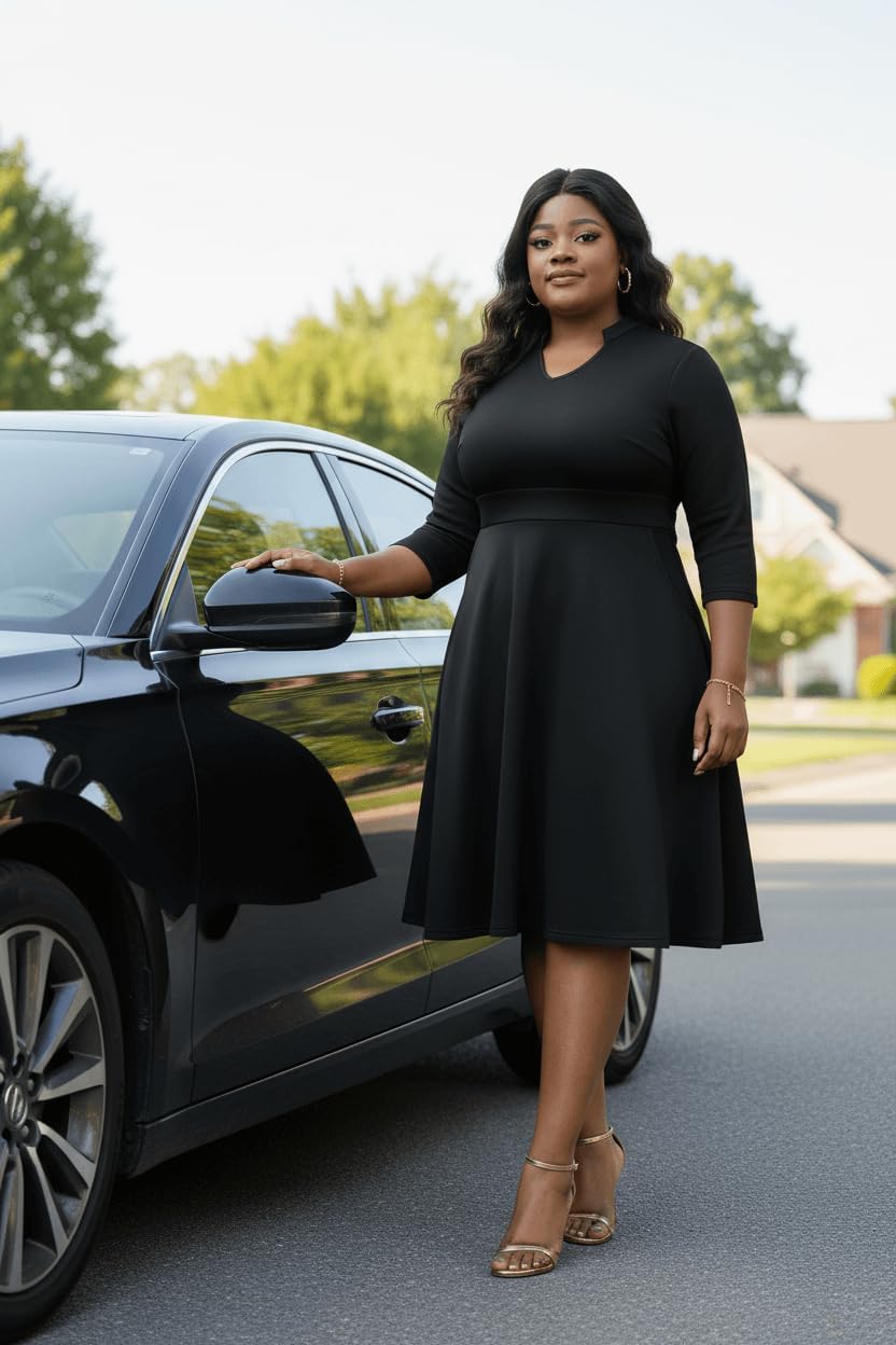 Nmoder Plus Size Dresses for Women - Casual 3/4 Sleeve V Neck Church Midi Dress Wedding Guest Cocktail with Pocket - Image 2