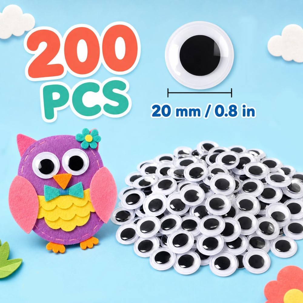 200 PCS Wiggle Googly Eyes Self Adhesive Black White(20mm) for Crafts Doll Eyes Big Large Gaint Jumbo Sticky Fake Eye Balls for Decorating Small Plastic Eyeball Stickers Home Party Favors Supplies