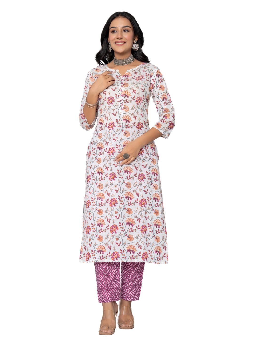 Rytras Women's Cotton Printed Straight Kurta With Pant(Ryt542,Pink,S)
