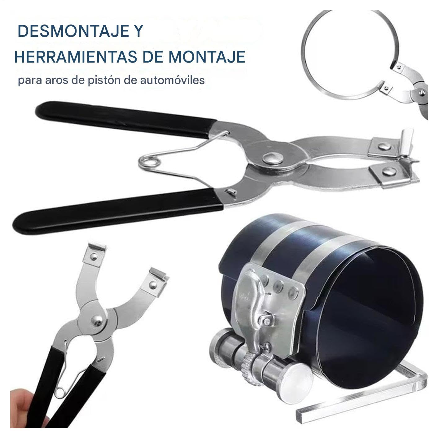 Compresor de Aros de Pistón - Herramienta de Acero para Motores de Coche - Equipo de Mantenimiento Ajustable con Alicates para Turismos y Autocaravanas