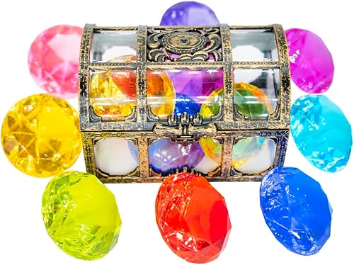Hercugifts Juguete de piscina con gemas de buceo colorido juego de 6 diamantes grandes con caja pirata del tesoro, juguete de piscina de buceo