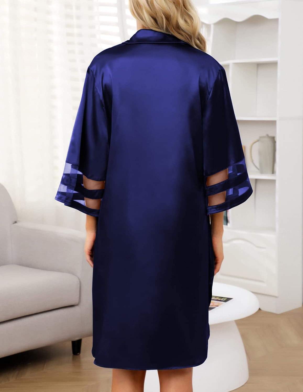 Women's Satin Nightgown Button Down 3/4 Sleeve Sleepwear Silk Night Gowns Nightshirt with Pocket - Image 7