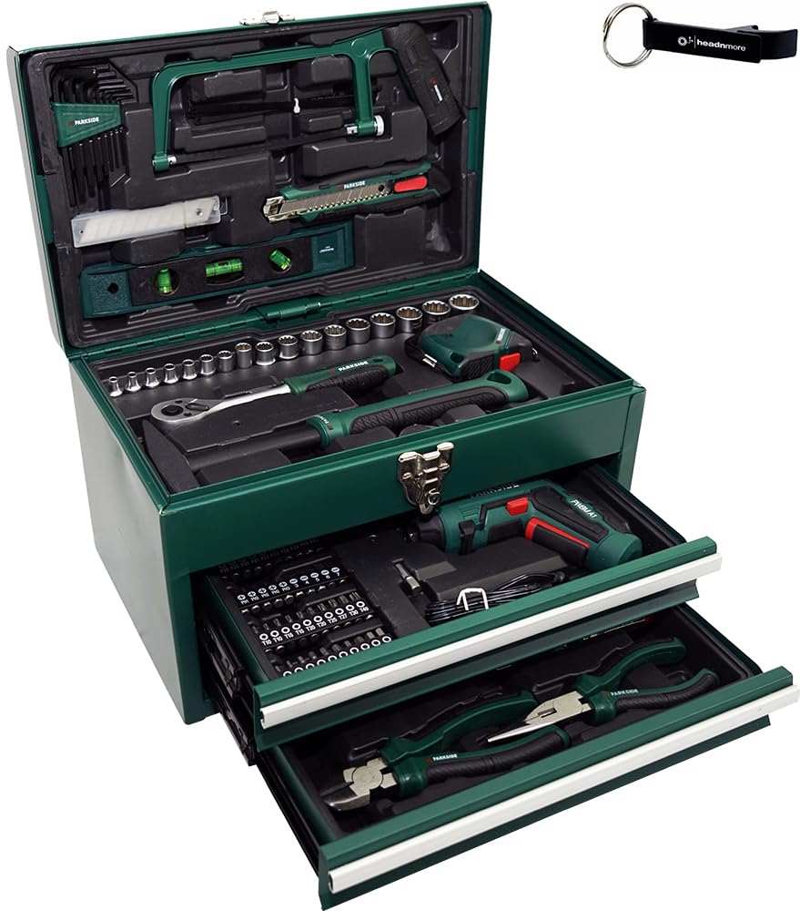 HEADNMORE® Bundle - PARKSIDE® Juego de herramientas con destornillador inalámbrico Estuche de metal PWBM A1 de 92 piezas + llavero