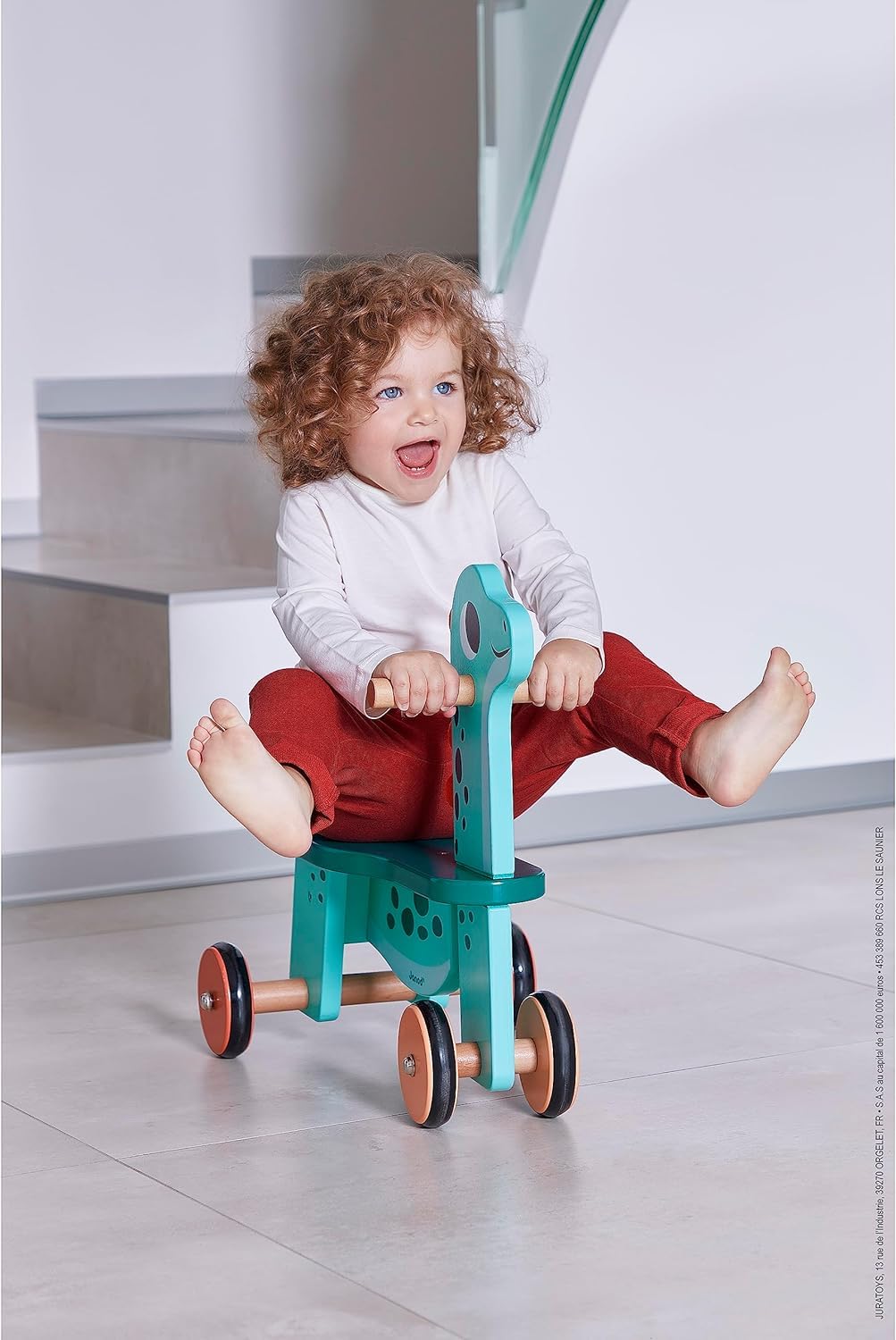 Janod - Cavalcabile Dinosauro Portosauro - Altezza Sedile 21 cm - Coda Peluche Removibile - Giocattolo Multisensoriale Legno FSC - dai 12 Mesi, J05828