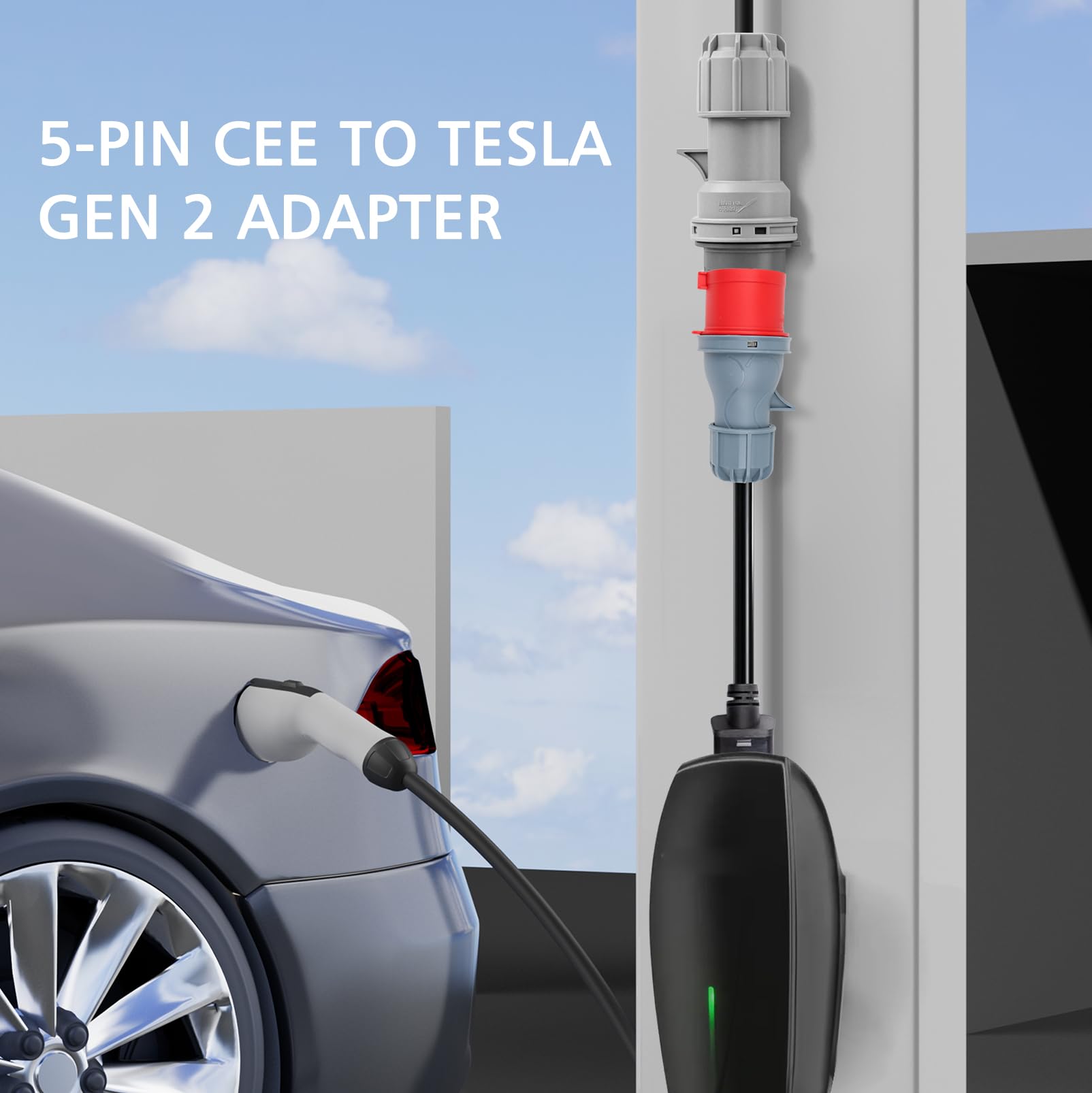 CEE Adapter auf Kompatibel mit Tesla-Adapter 5 Pin 16A, Adapterset CEE 5-Poliger für Mobile Wallbox/EV Ladegerät, C-EE Verlängerungskabel, IP44 Außeneinsatz (5 Pin 16A)