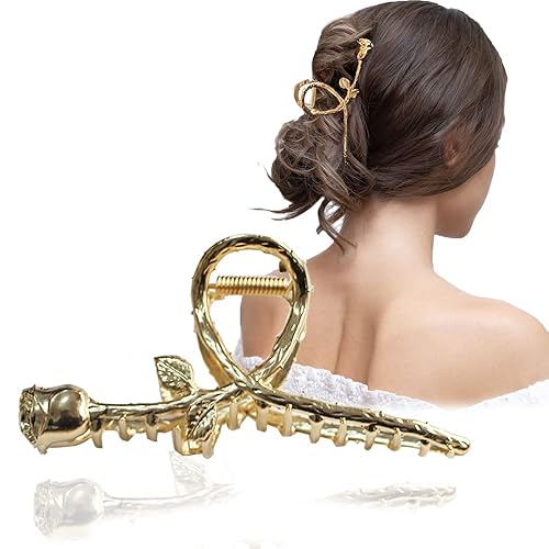 Miniatura 5 de Fuyunohi Paquete de 2 pasadores de metal para mujer, pinzas para el cabello grandes, pinzas de garra de flor, accesorios dorados para el cabello,
