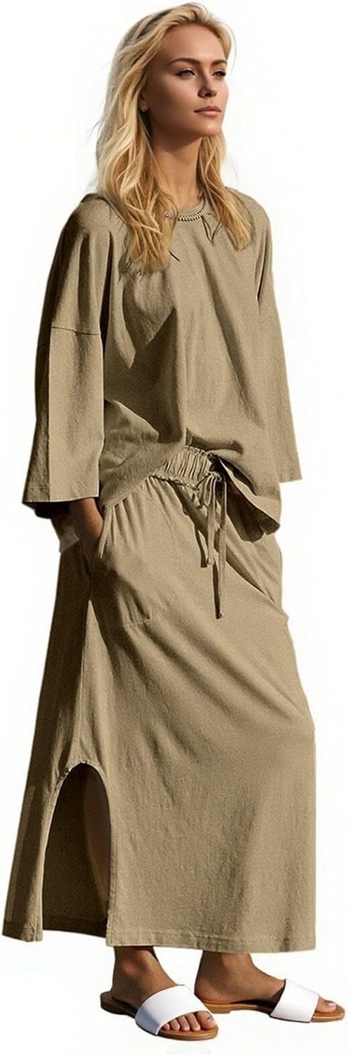 Halfword 2 Piece Sets for Women Oversized Shirt and Maxi Skirt Set Vacation Clothes Casual Lounge Set with Pockets - Image 3