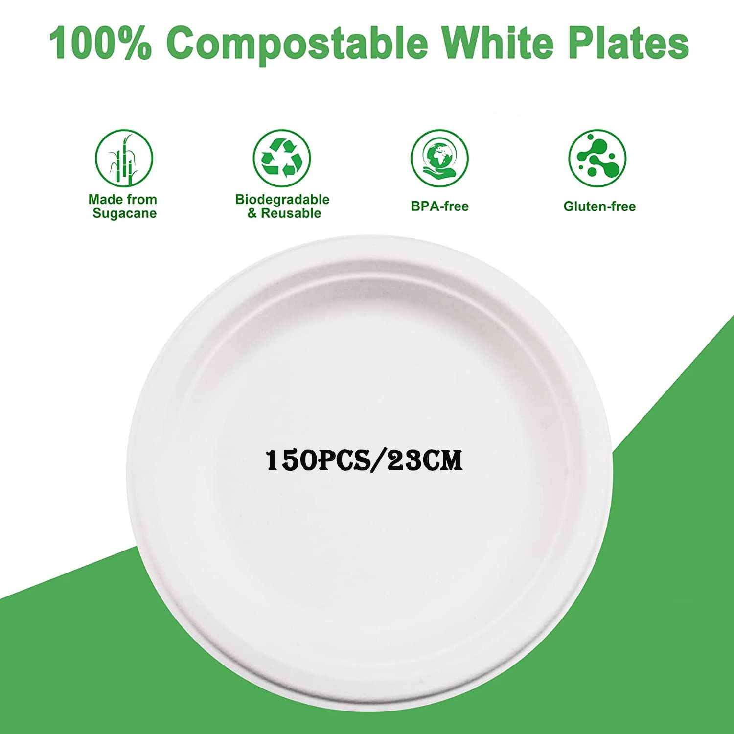 150 pièces Assiettes en carton jetables, 23 cm, assiettes carton jetables 100% biodégradables, pour les assiettes de fête, Assiettes jetables（150 pièces,23cm,Blanc）