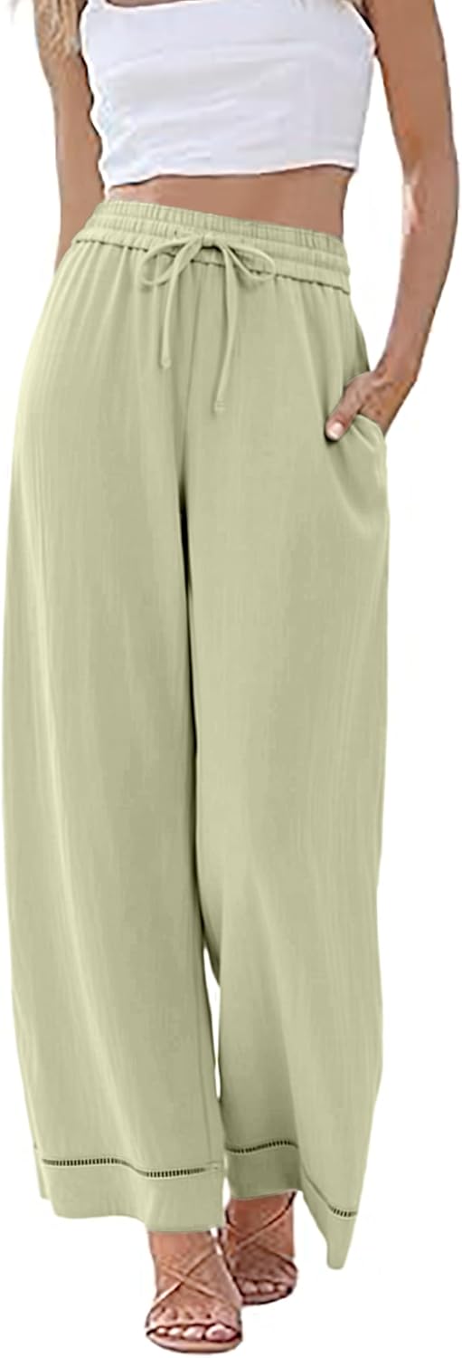 Casual Loose Pants Women's Summer Elastic Drawstring Waisted Cropped Trousers Light Green