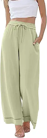  Women Flowy Pants Drawstring Waist Wide Leg Palazzo Beach Pants Loose Fit with Pockets