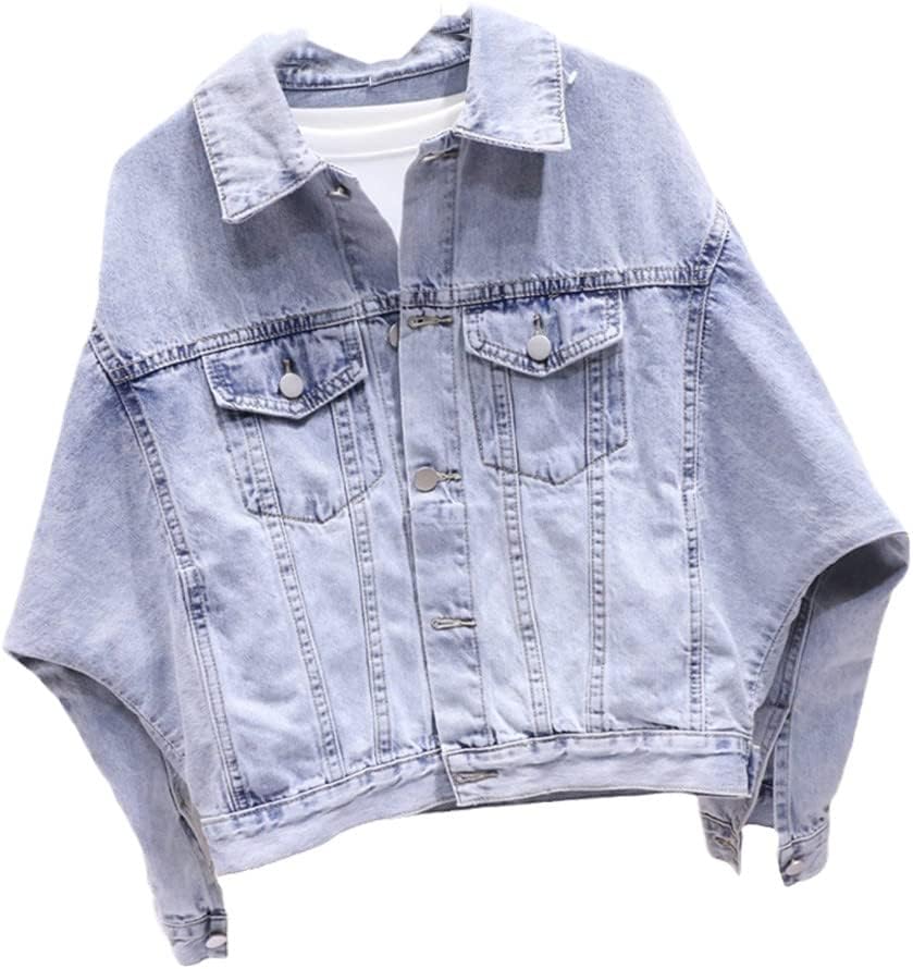 Women Vintage Light Blue Denim Jacket Women Lapel Batwing Sleeve Outerwear Spring Loose Short Jacket Harajuku Jacket