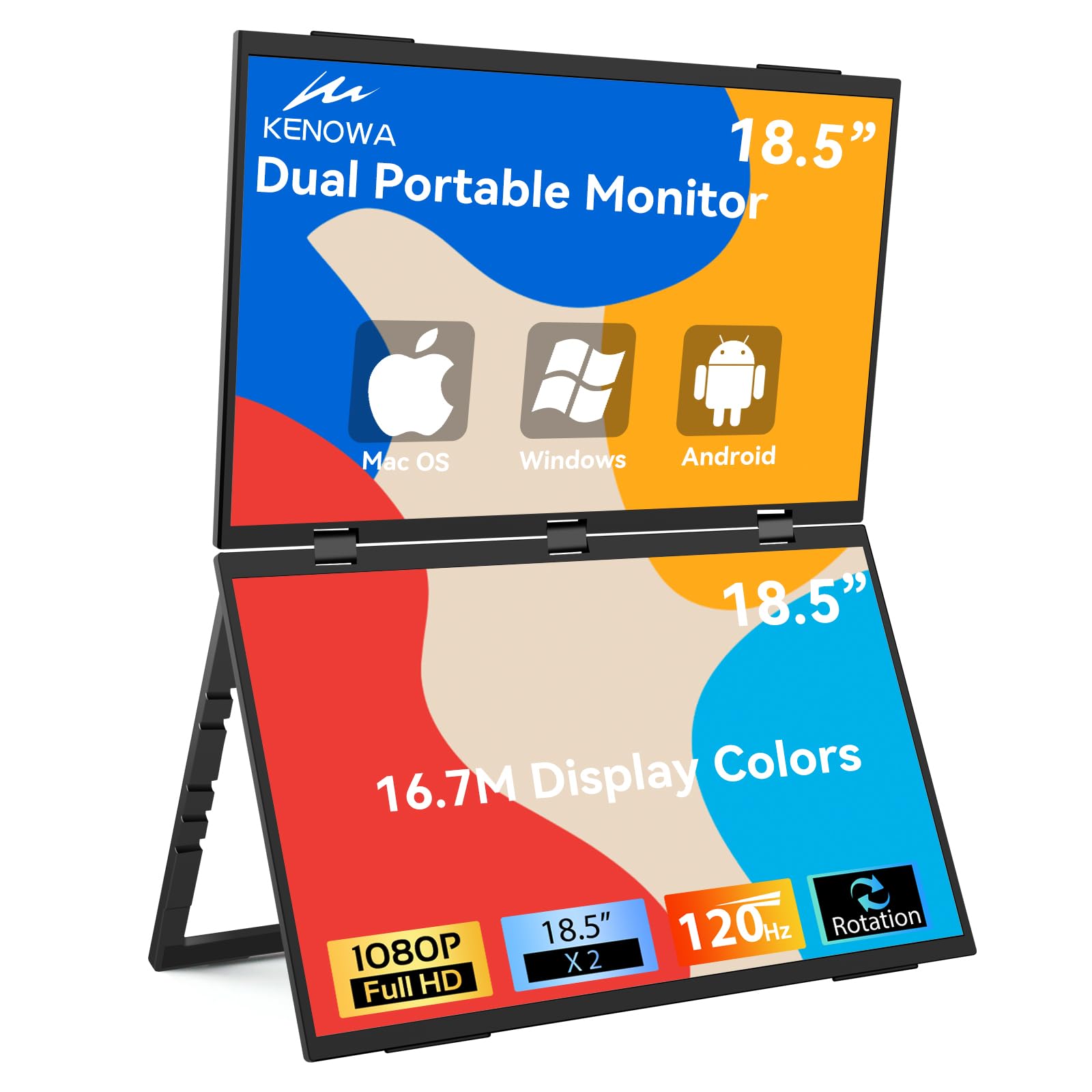 Kenowa 18.5" 120Hz Portable Dual Monitor-Laptop Screen Extender 1080P Type-C Mini HDMI for PC Windows OS Phone Game Devices, 360° Folding Dual Screen Monitor for Laptop, Built in Speakers