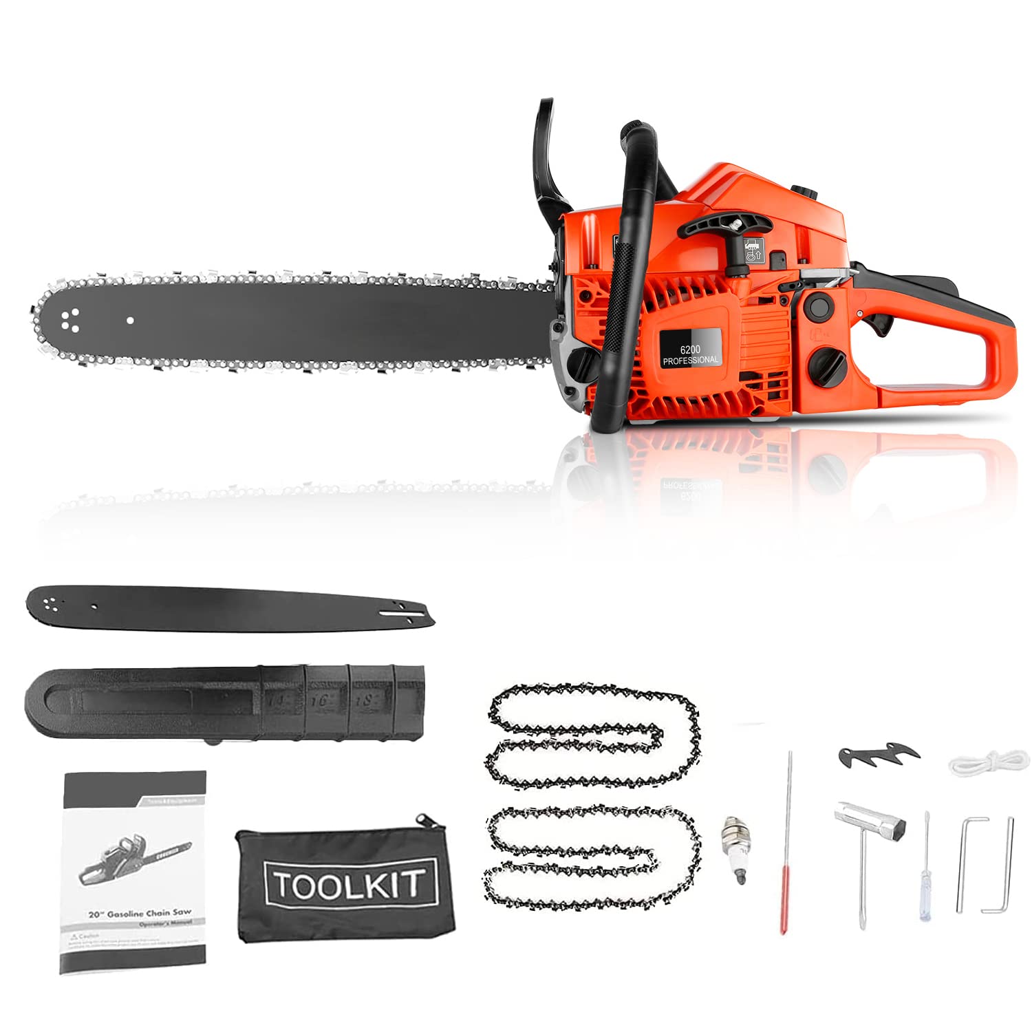 58CC/62CC 20" Gas Powered Chainsaw 2 Stroke Handheld Gasoline Chain Saw with Tool Kit for Cutting Trees, Wood, Farm Garden Courtyard Use (62CC_Orange)