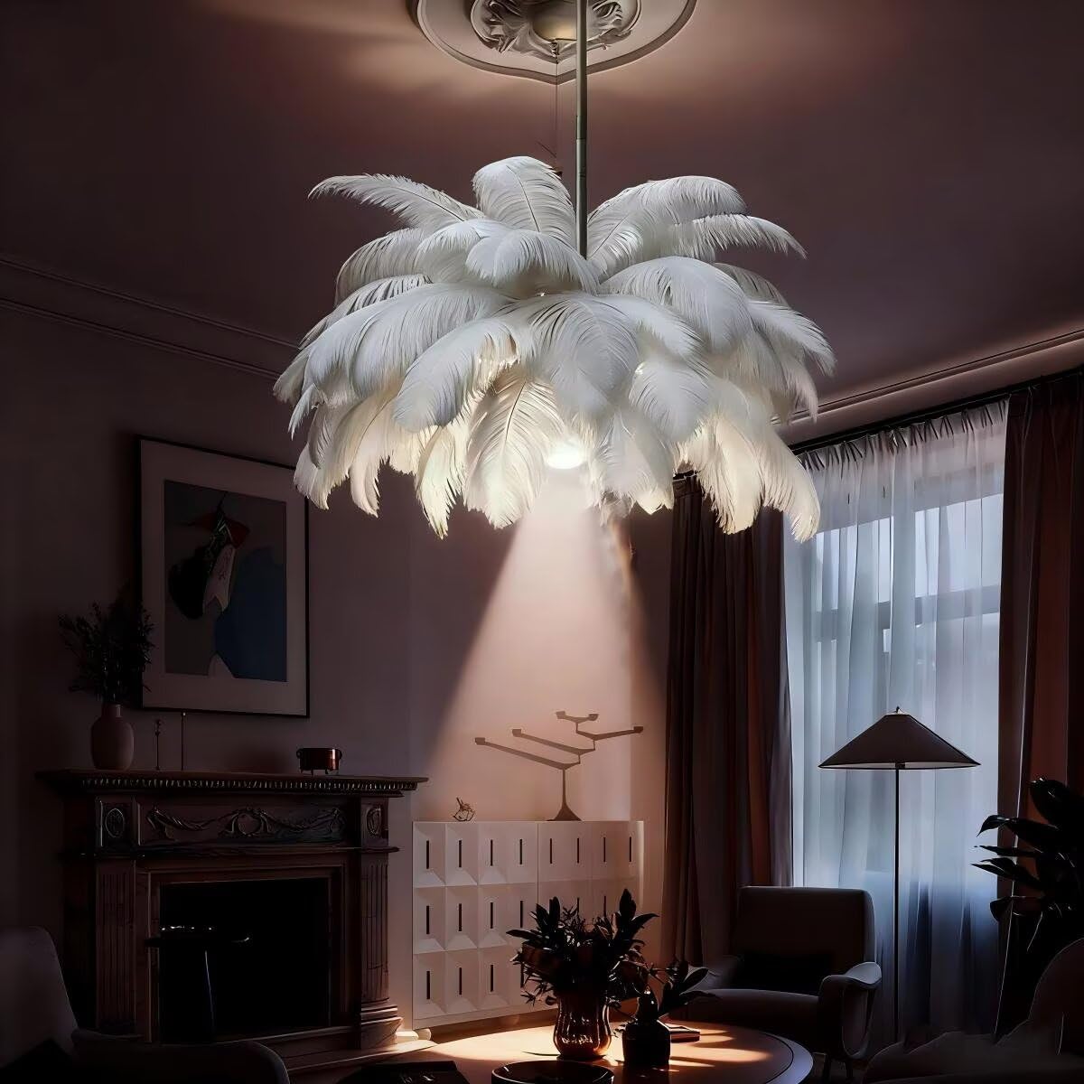 AstrizLamp Feather Pendant Light, φ-65cm White Fluffy Lampshade 4500K LED Ceiling Spotlight Modern Naturel Feather Chandelier for Living Room, Bedroom, Restaurant