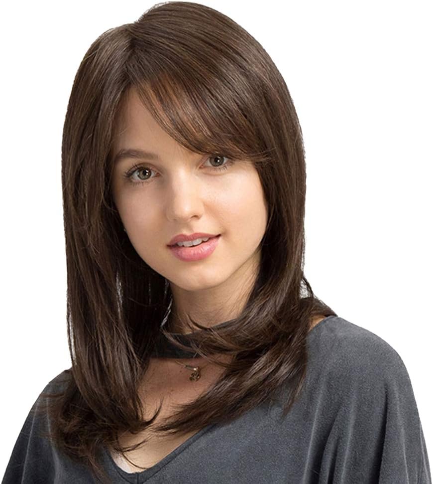 MIKWIG Natural Side Part Bob Straight Long Dark Brown Wigs with Bangs Heat Resistant Synthetic Wig for Women 18 Inches + Wig Cap