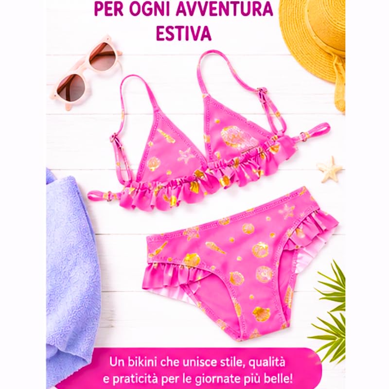Bikini Due Pezzi per Bambina, Fantasia Colorata con Unicorni e Stelle Marine, Volant, Mare e Piscina