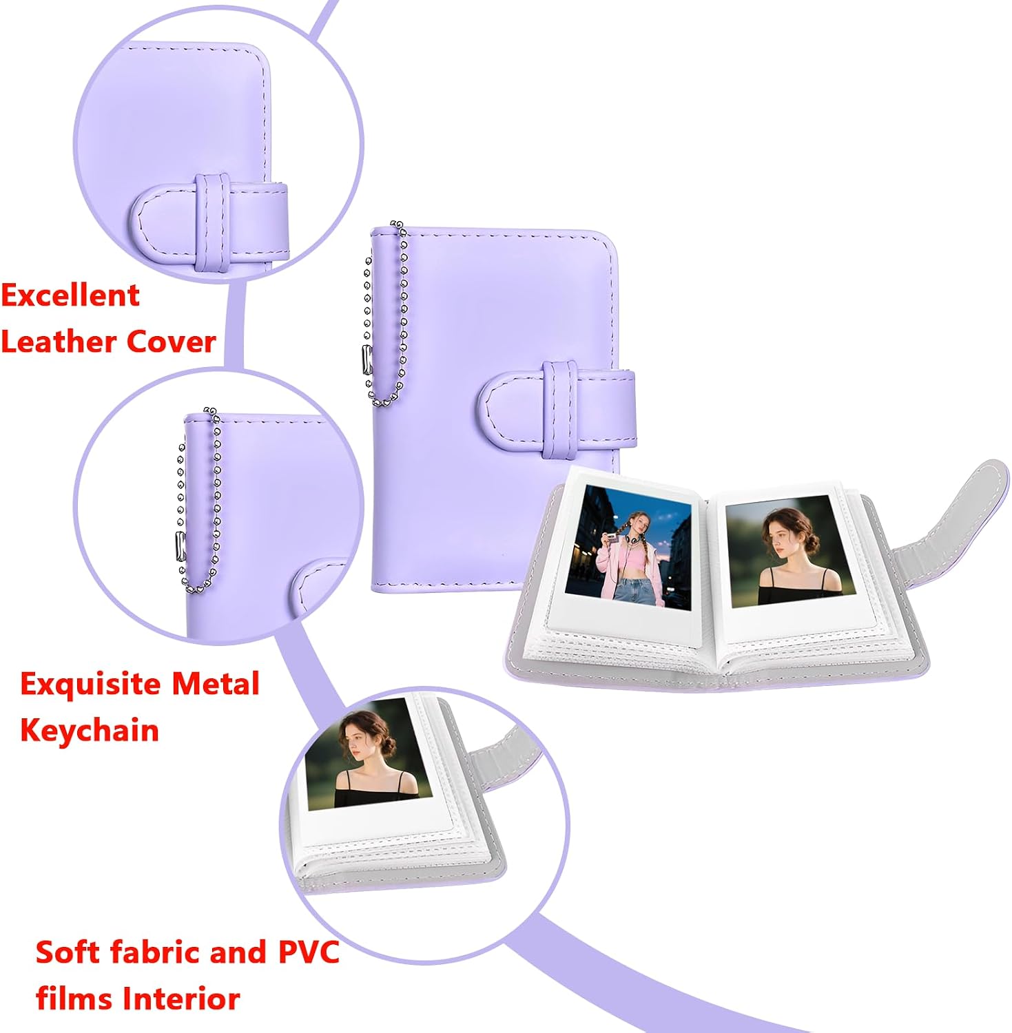 32 Pockets Mini Photo Album Compatible with Fuji Instax Mini Series EVO Liplay SE 11 12 40 70 7s 8 8+ 9 25 50s 90 99, Portable Photo Holder with Keyring, Kpop Photocard Holder Book (Purple) image 4